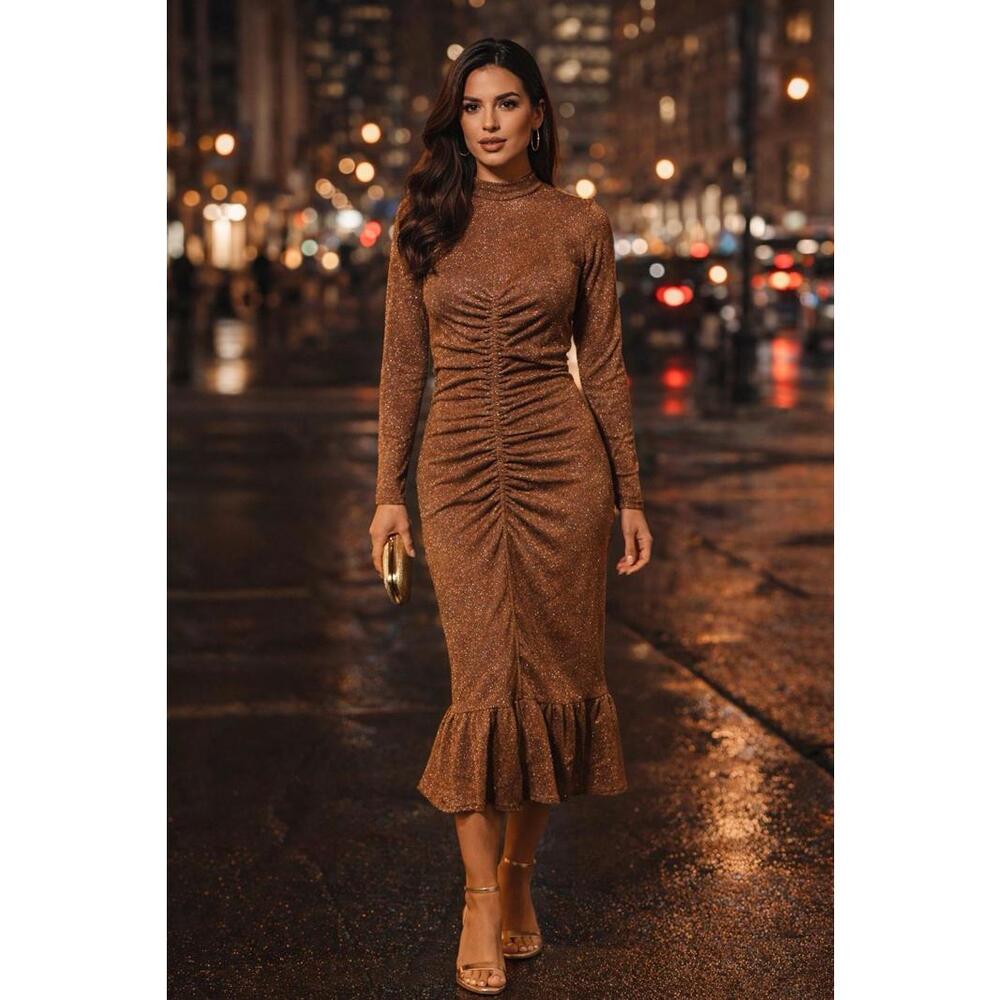 Collective Concepts Dress XS Brown Metallic Ruched Mock Neck Midi NWT - A9